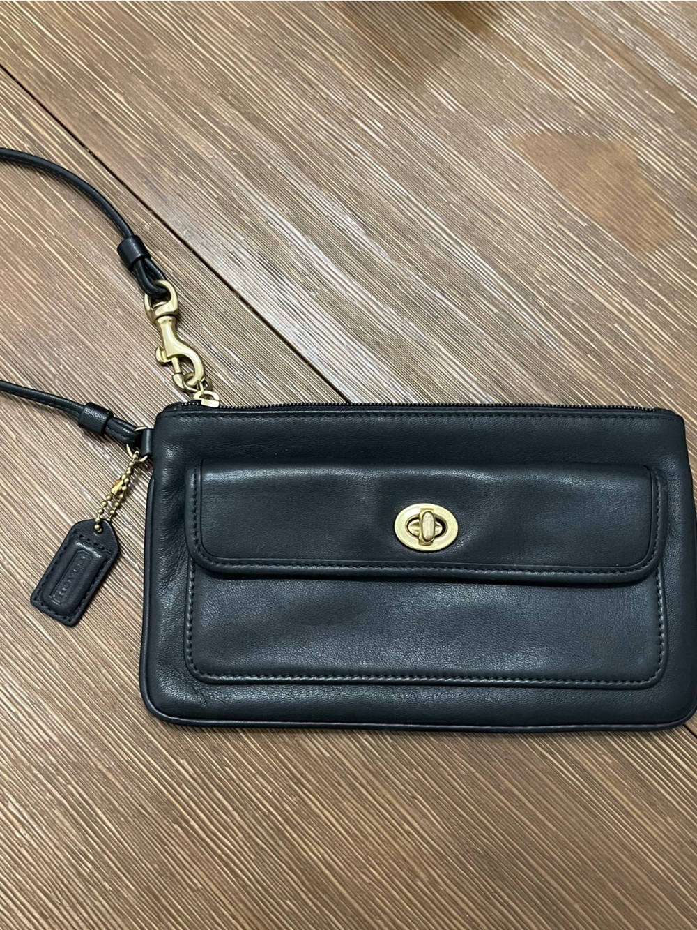 Coach Black Leather Wristlet with Gold Turnlock